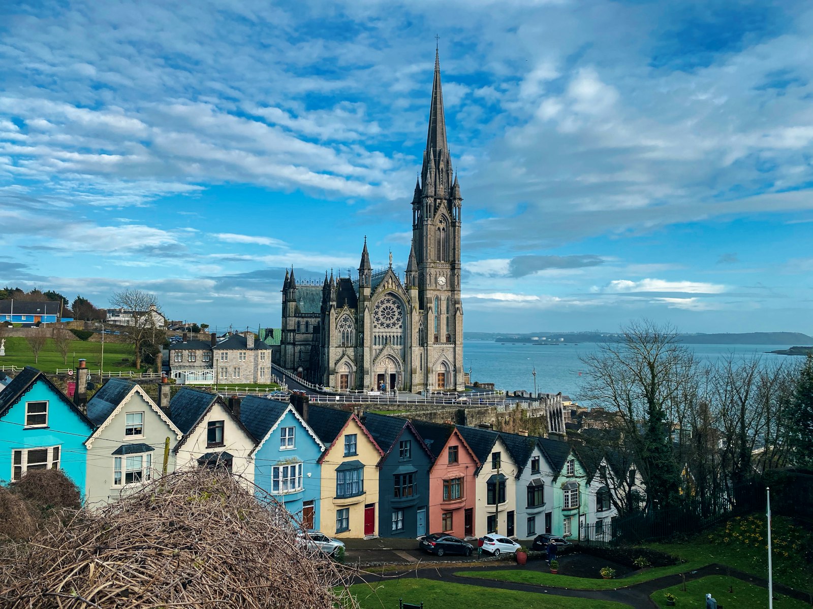 Coloured houses and the cathedral in Cobh, County Cork